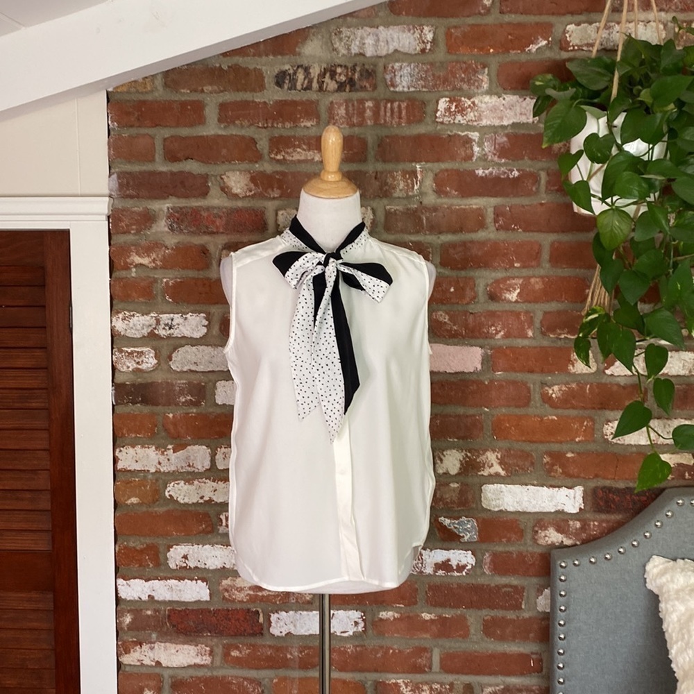 7 FOR ALL MANKIND Ivory Black Contrast Neck Tie Sleeveless Top size small - Picture 8 of 11